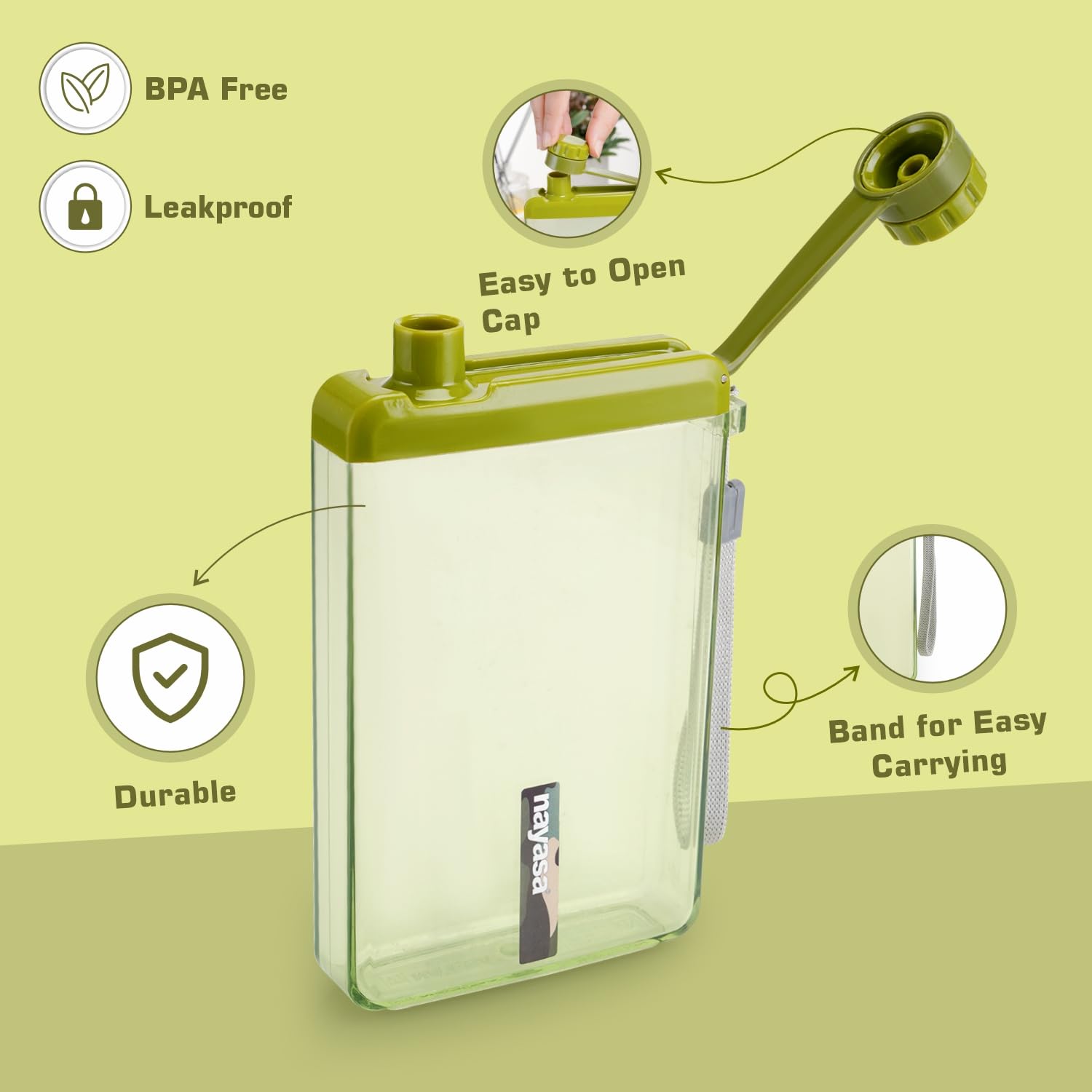 Nayasa Zelda 450ml Water Bottle | Slim & Compact | BPA Free | Leakproof | Notebook Water Bottle For School, Office & Travel | Stylish Flat Design | Green