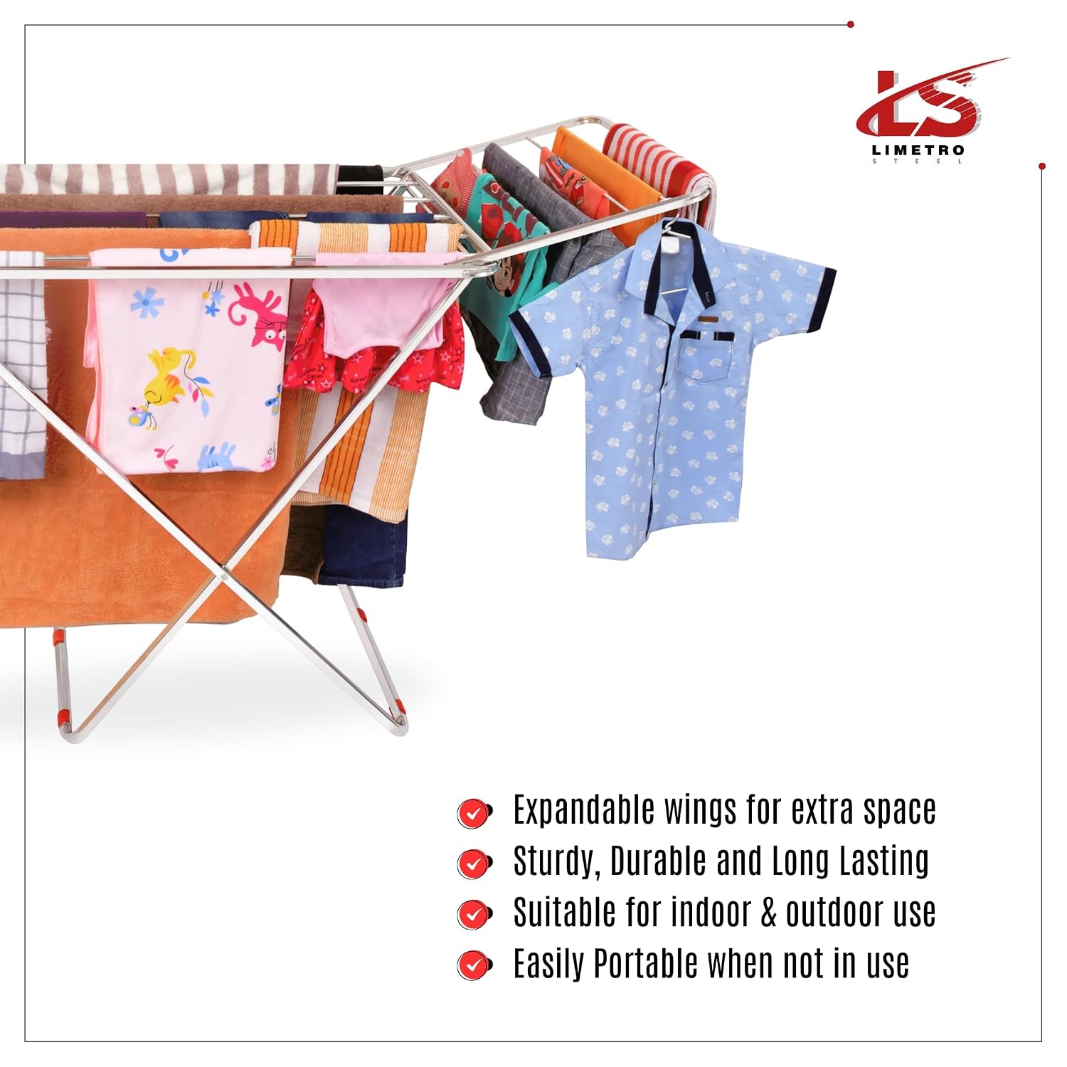 LiMETRO STEEL Stainless Steel Foldable Clothes Drying Stand Double Rack 120x54x5 cm Steel