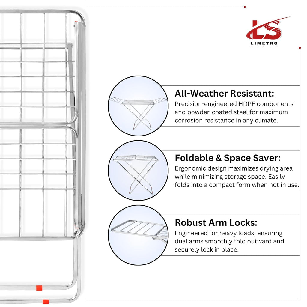 LiMETRO STEEL Stainless Steel Foldable Clothes Drying Stand Double Rack 120x54x5 cm Steel