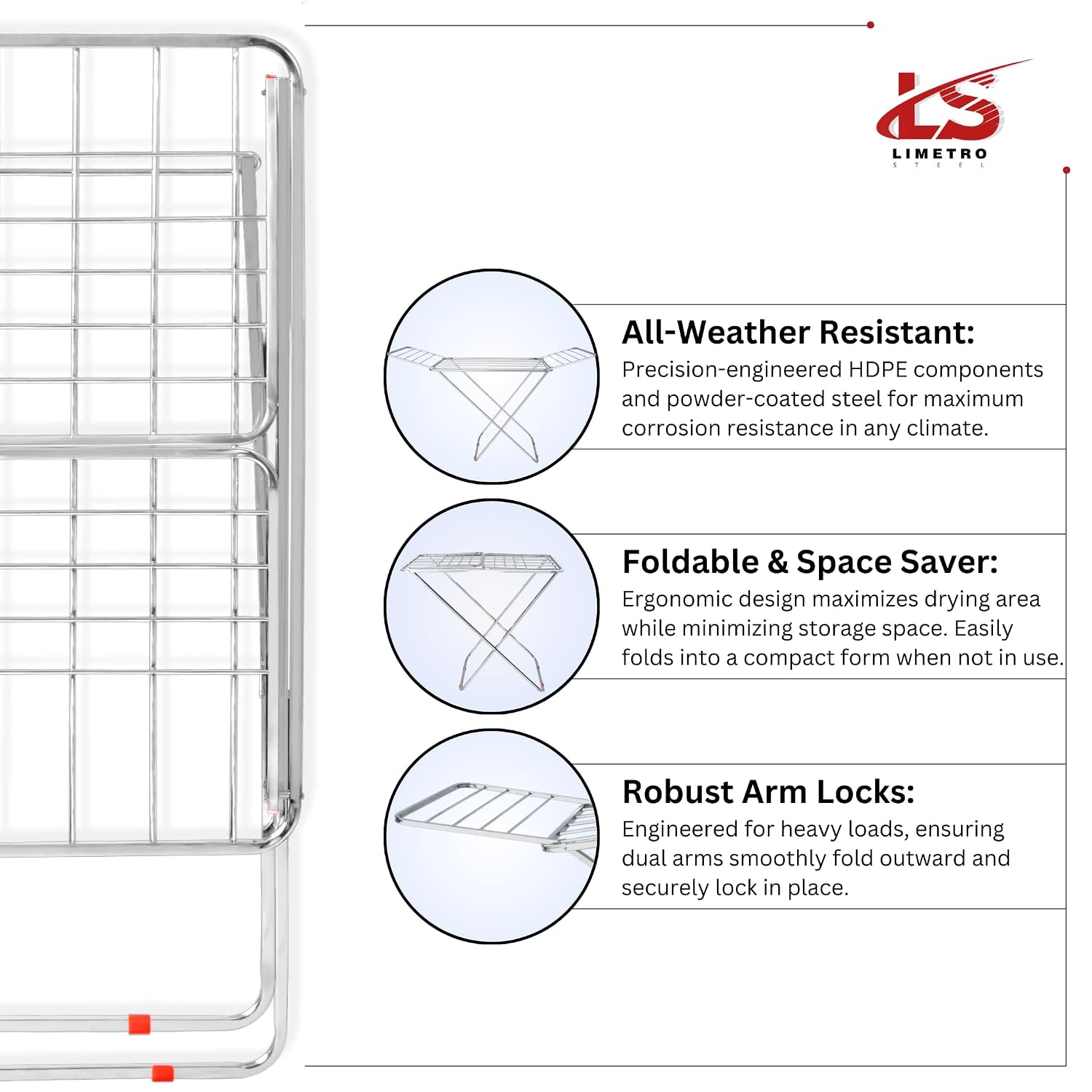 LiMETRO STEEL Stainless Steel Foldable Clothes Drying Stand Double Rack 120x54x5 cm Steel
