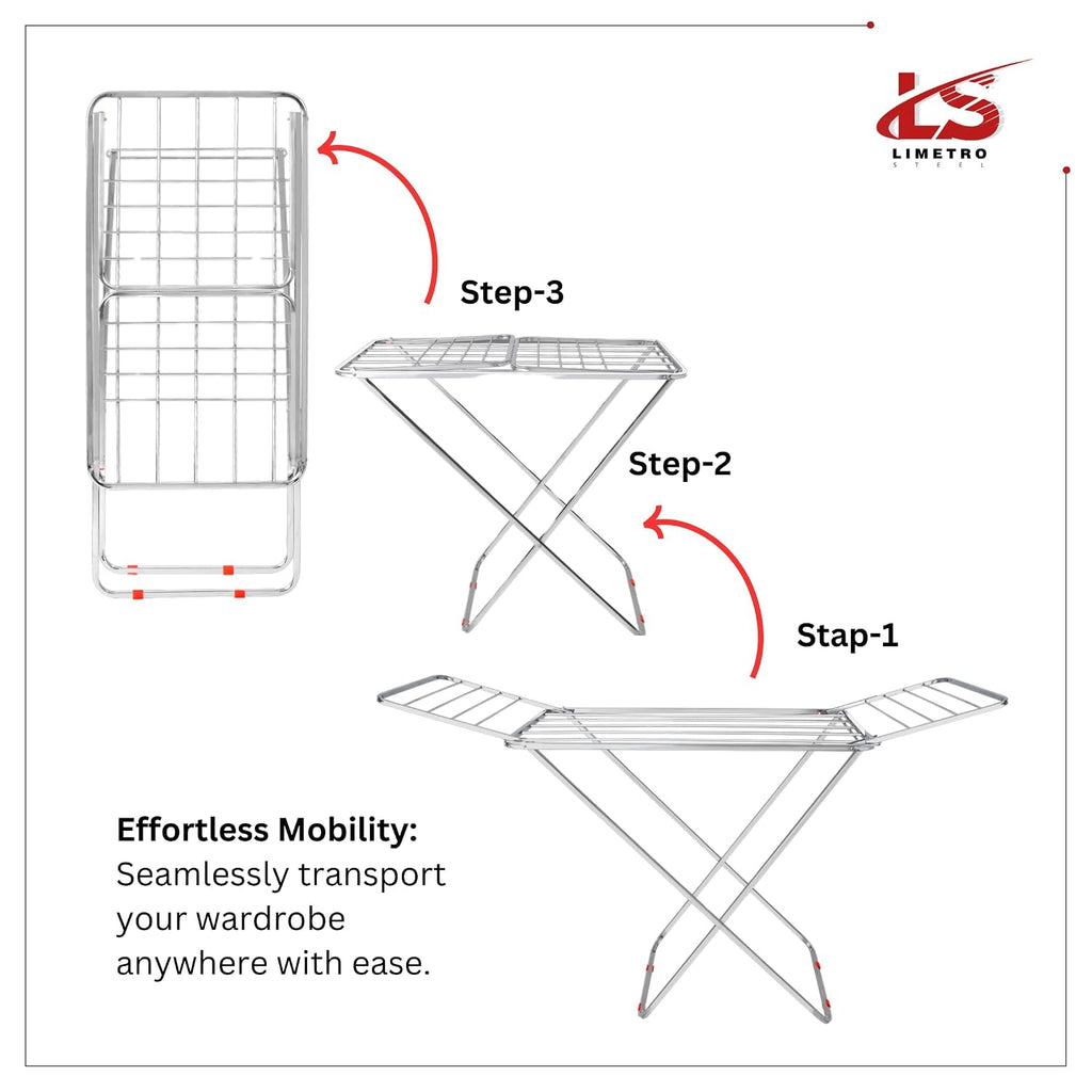 LiMETRO STEEL Stainless Steel Foldable Clothes Drying Stand Double Rack 120x54x5 cm Steel