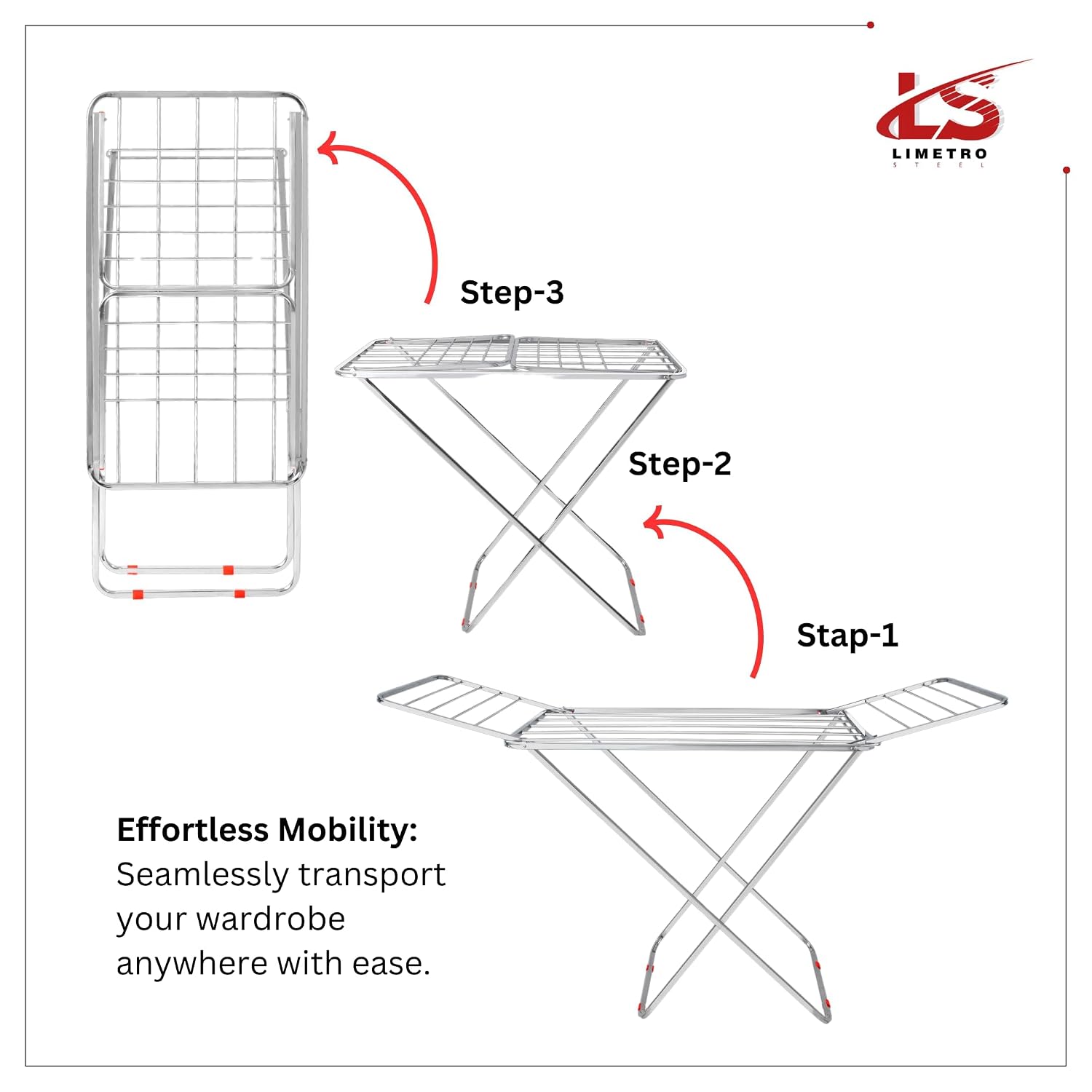 LiMETRO STEEL Stainless Steel Foldable Clothes Drying Stand Double Rack 120x54x5 cm Steel
