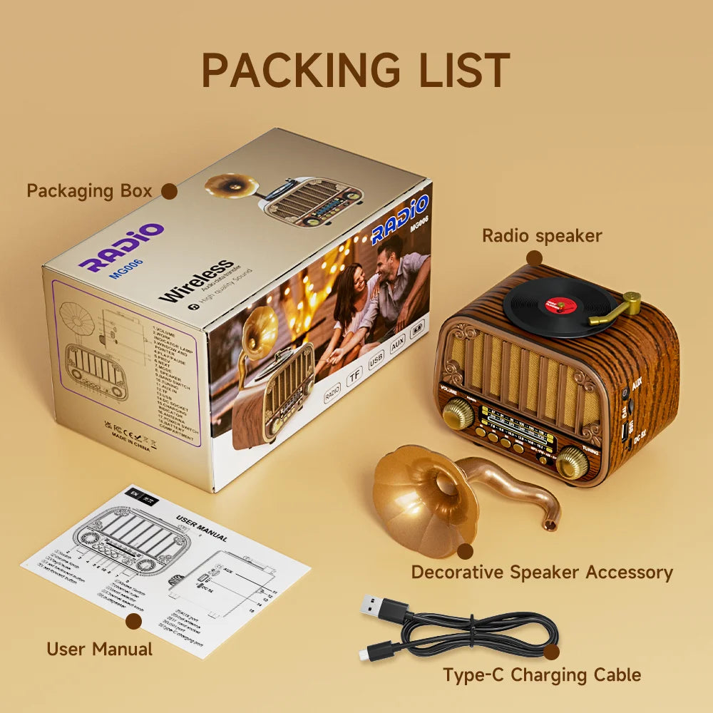 Multi-band Vintage Radio, Portable FM AM SW Radio, Wireless Music Streaming & TF Card Play, Retro Styling for Home/Garden